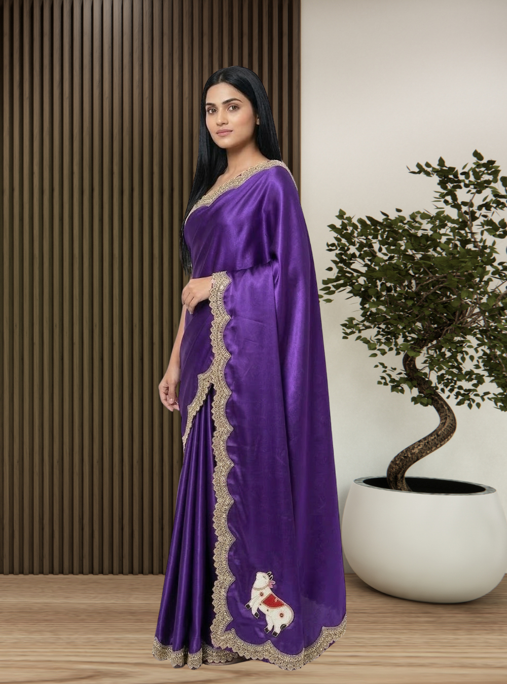 Royal Purple with Antique Gold Border Saree - Image 2
