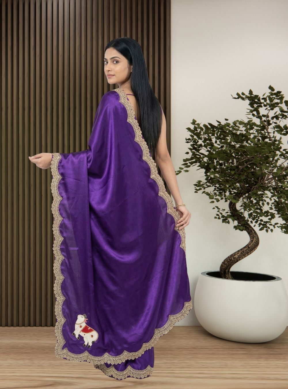 Royal Purple with Antique Gold Border Saree - Image 3