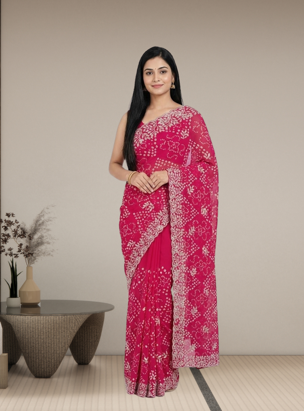 Elegant Rani Pink Chiffon Saree with Zari Work