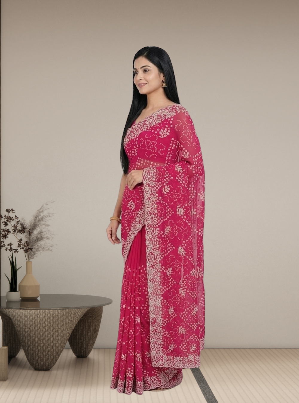 Elegant Rani Pink Chiffon Saree with Zari Work - Image 2