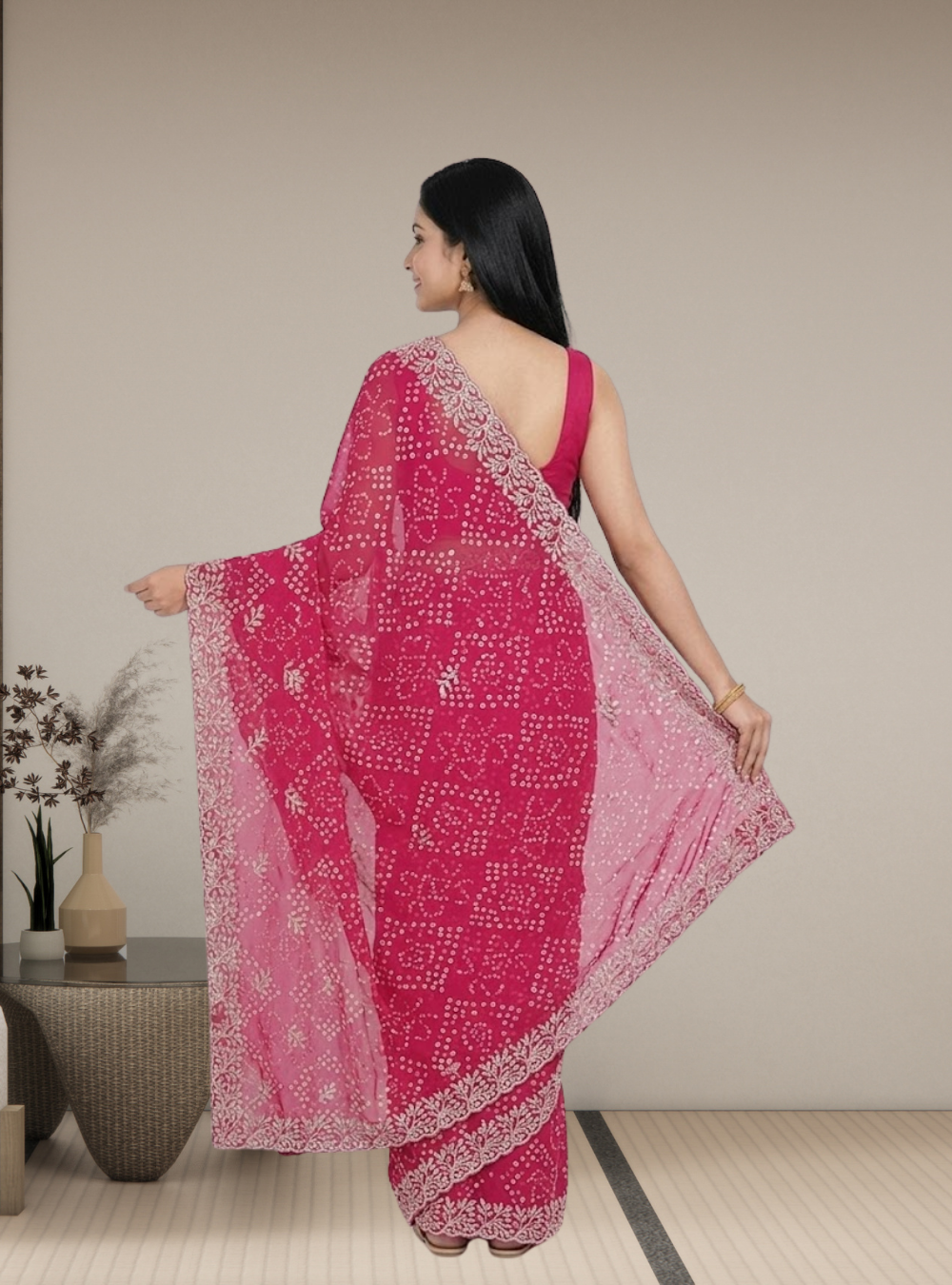 Elegant Rani Pink Chiffon Saree with Zari Work - Image 3