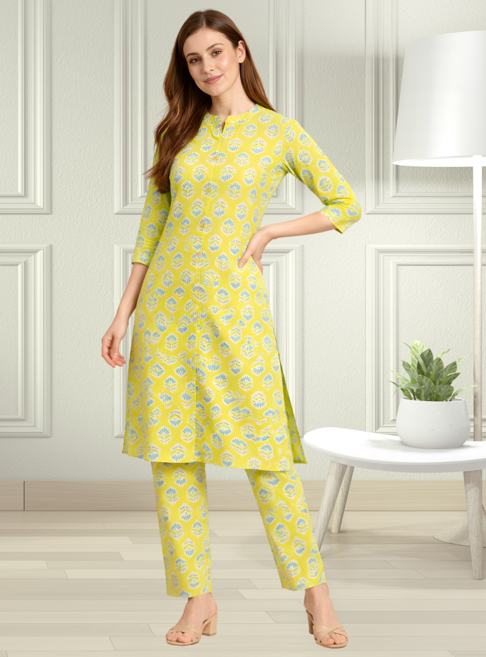 Stylish Lime Yellow Cotton 2-Piece Co-ord Set with Printed Design