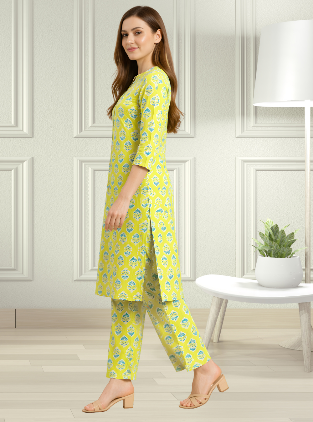 Stylish Lime Yellow Cotton 2-Piece Co-ord Set with Printed Design - Image 3