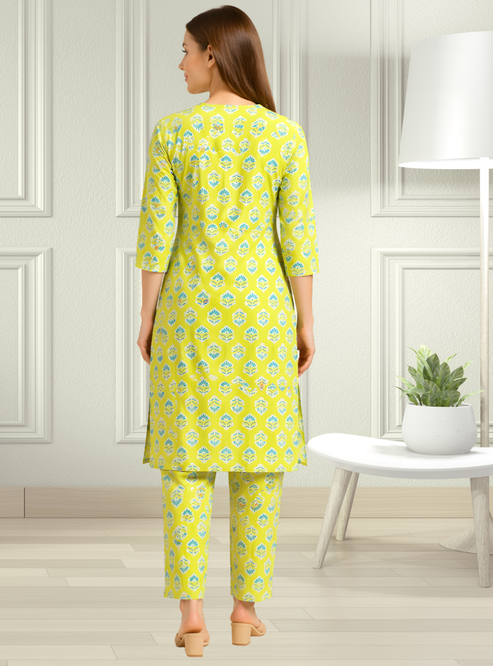 Stylish Lime Yellow Cotton 2-Piece Co-ord Set with Printed Design - Image 2