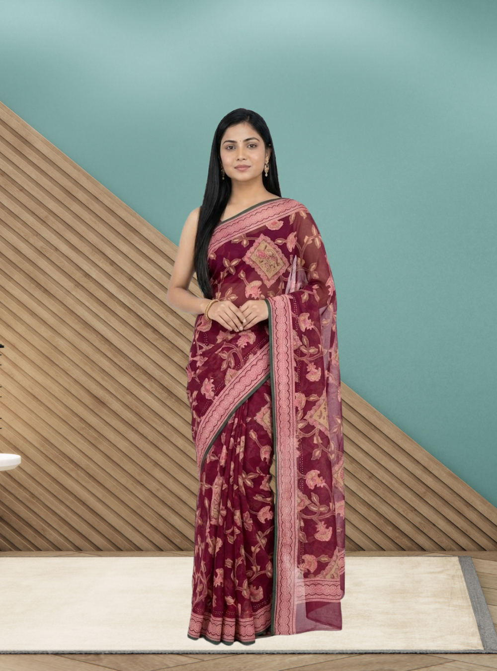 Elegant Wine Brasso Saree with Floral Design
