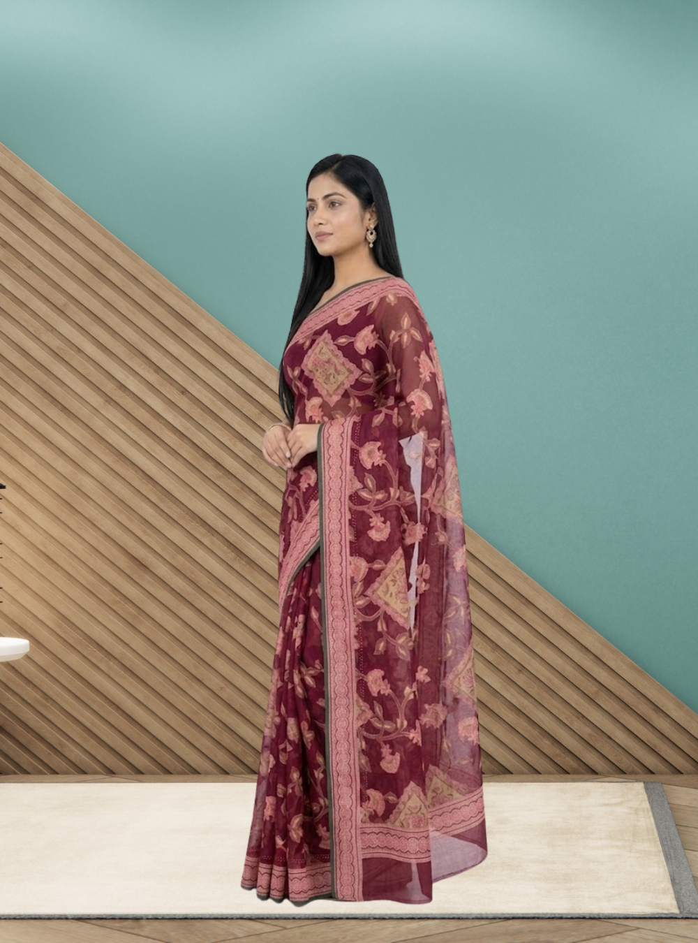 Elegant Wine Brasso Saree with Floral Design - Image 2