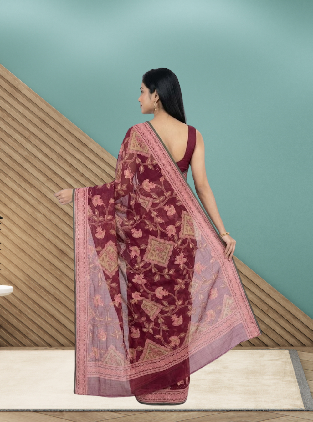 Elegant Wine Brasso Saree with Floral Design - Image 3